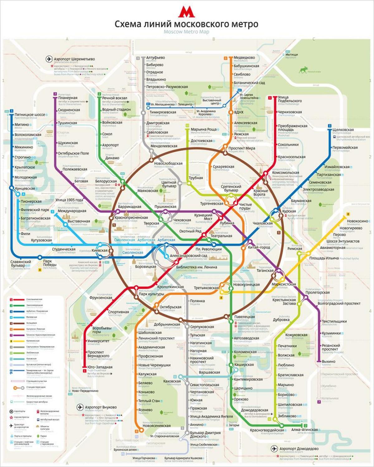 zemljevid Moskovski metro, angleščini in ruščini